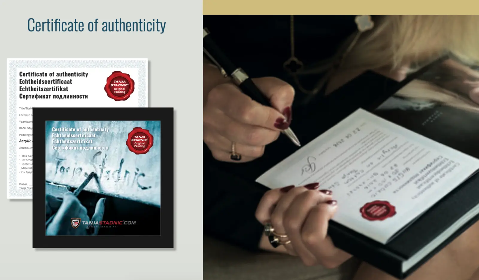 Tanja Stadnic signing a certificate of authenticity beside the official certificate and presentation booklet